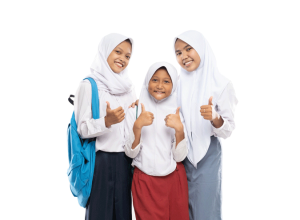 three-girls-veils-wearing-school-uniforms-stand-with-thumbs-up-while-carrying-backpacks